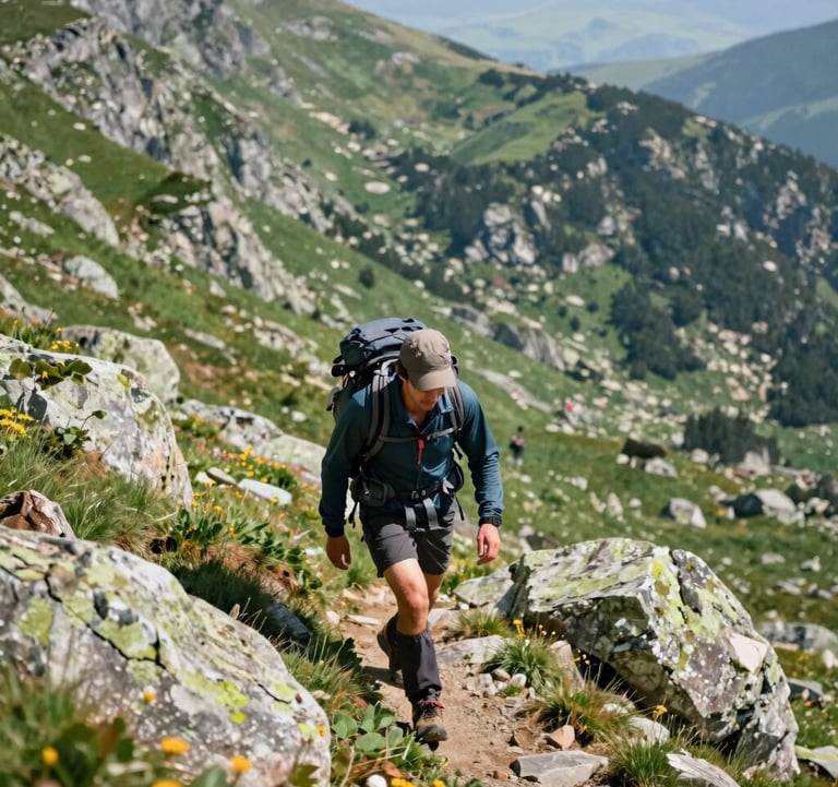 A high-angle shot of a person hiking through the rugged, green Kaçkar Mountains near Trabzon, wearing modern adventure gear. The style is bright and inspiring, reflecting the Eastern European / Turkish landscape.