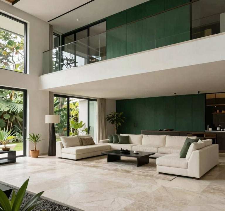 A sophisticated modern villa interior in a Southeast Asian / Indonesian setting, featuring open-plan living and natural stone textures. The color palette includes deep forest green and soft off-white, shot in high-end architectural photography style.