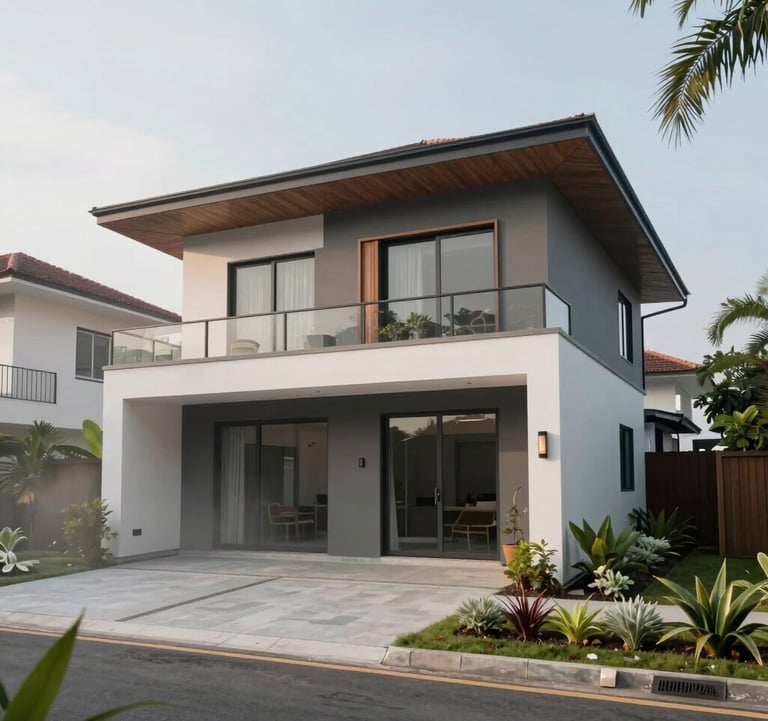 Exterior photography of a sleek, two-story modern house in a quiet Southeast Asian / Indonesian suburban area. The building is surrounded by well-kept misty sage landscaping.
