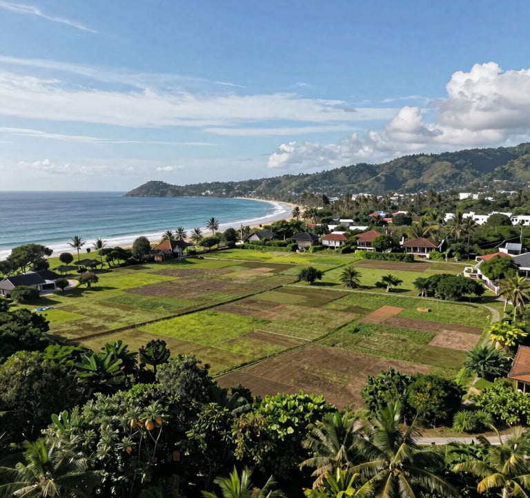 A wide photography shot of a pristine plot of land for sale in a Southeast Asian / Indonesian coastal region, ideal for villa development. The lighting is bright and clear, highlighting the natural beauty and investment potential.