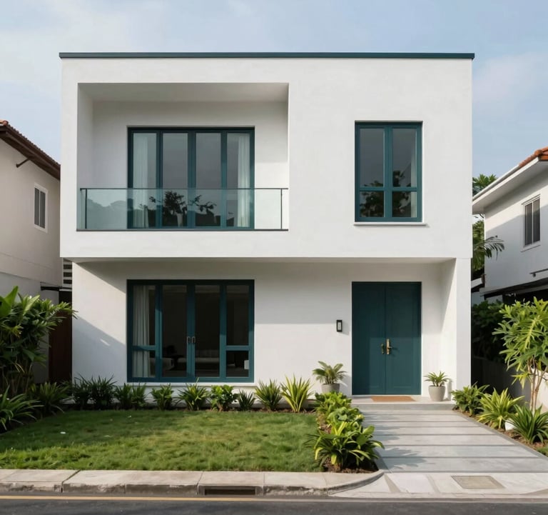 Exterior of a luxury modern minimalist house in a premium Southeast Asian / Indonesian neighborhood, featuring soft mist white facade, deep midnight teal window frames, and manicured green gardens.