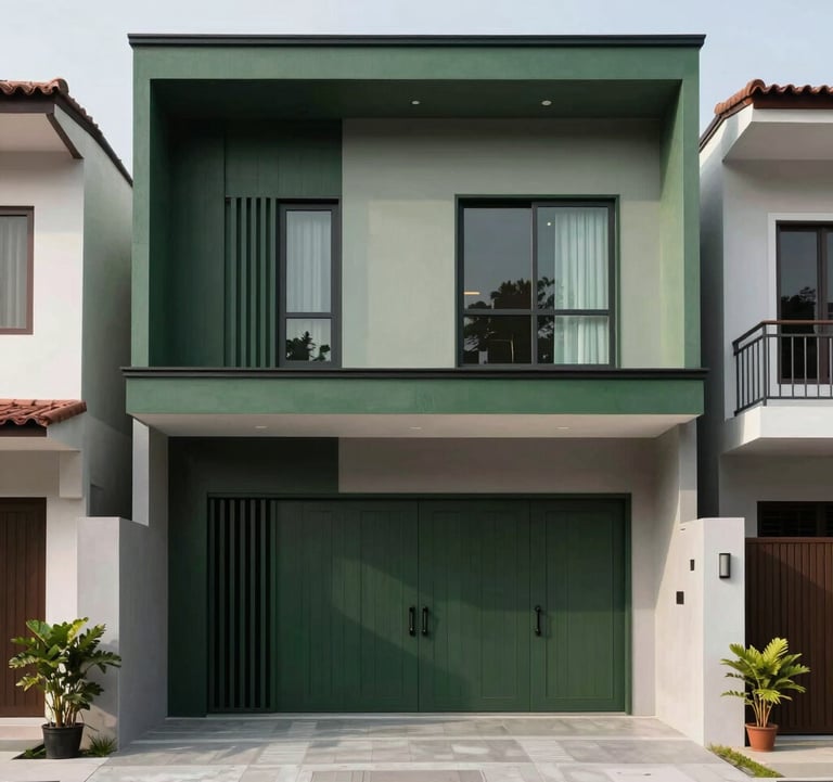 A minimalist modern house design in a clean Southeast Asian / Indonesian residential neighborhood. The facade features dark forest green details and soft sage grey walls, looking sophisticated and inviting.