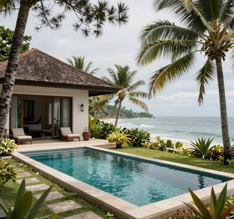 Photography of an elegant private villa with a private swimming pool and lush tropical gardens in a Southeast Asian / Indonesian coastal environment. Daytime lighting, sophisticated atmosphere, deep pine and pale mist tones.