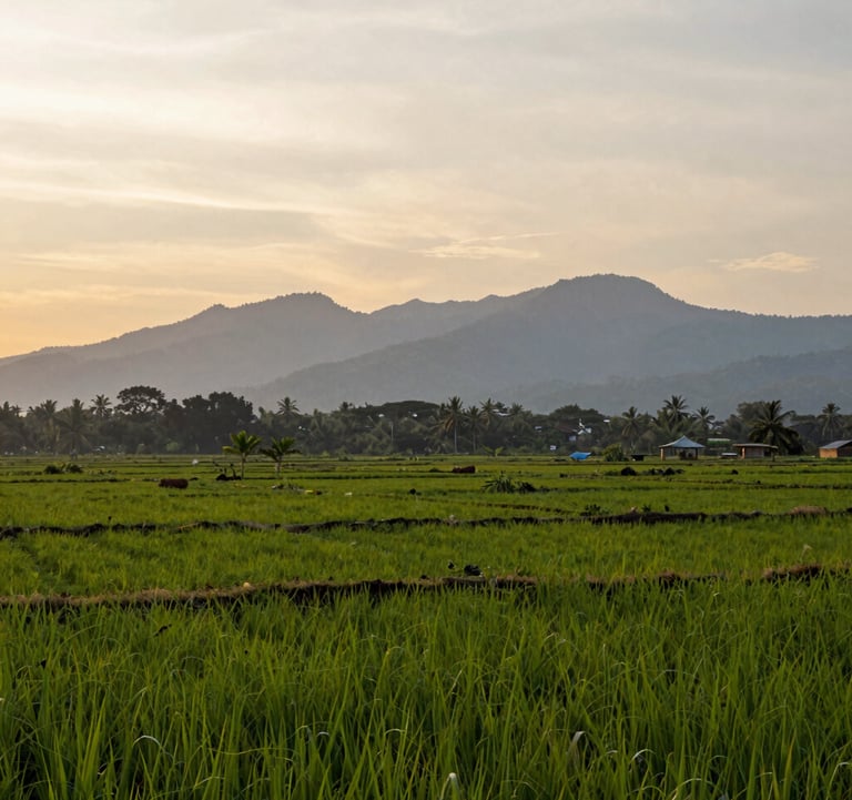 A wide-angle shot of a lush, fertile plot of land for sale in the Southeast Asian / Indonesian countryside, with soft sage grey mountains in the distance and a vibrant pearly off-white sunset sky.