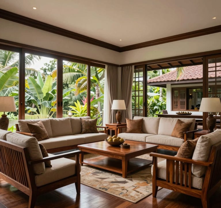 Interior view of a spacious living room in a Southeast Asian / Indonesian luxury home, featuring teak wood furniture and floor-to-ceiling windows showing tropical foliage.
