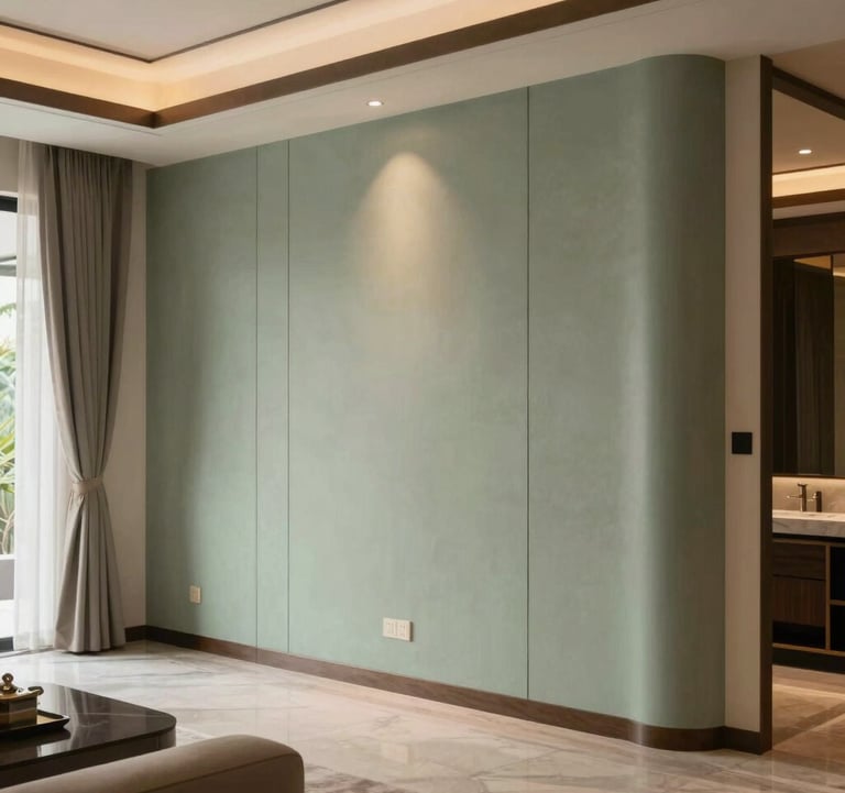 Detailed shot of high-end interior finishes in a Southeast Asian / Indonesian luxury residence, showcasing misty sage accents and premium materials under warm ambient lighting.