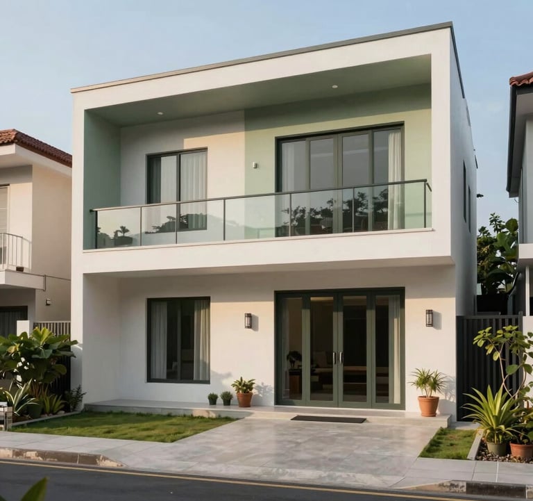 Exterior shot of a minimalist luxury home in a Southeast Asian / Indonesian residential area. The design uses muted sage green and off-white tones, with clean lines and soft, warm afternoon sunlight.
