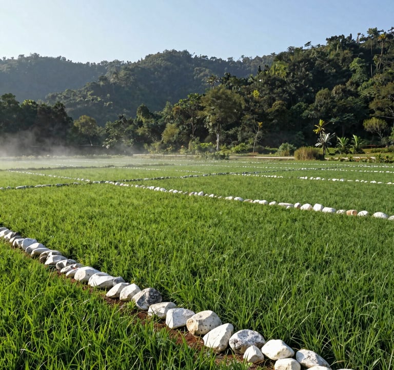 A wide angle shot of a pristine plot of fertile land for sale in a Southeast Asian / Indonesian countryside, clear boundaries marked by soft mist white stones, surrounded by deep forest green hills and a bright clear sky.