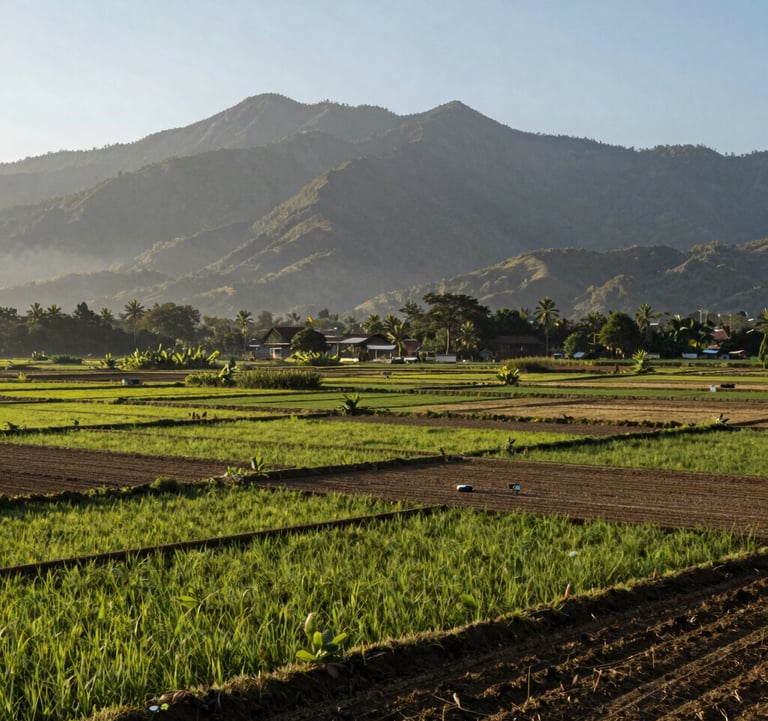 Landscape photography of a fertile and vast plot of land ready for development, featuring views of mountains in a Southeast Asian / Indonesian rural region. Crisp morning light.