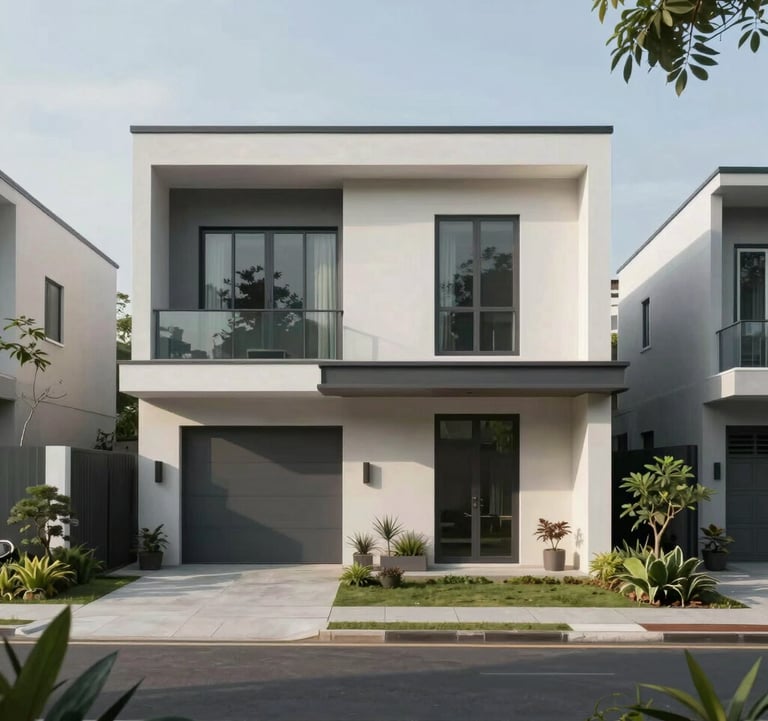A photography of the modern facade of a minimalist house in a premium Southeast Asian / Indonesian residential complex. Soft morning shadows and misty sage greenery.