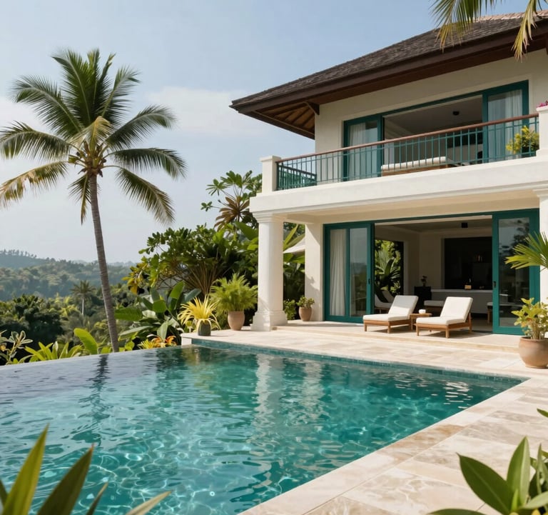 A luxury tropical villa with a private infinity pool and lush greenery in a Southeast Asian / Indonesian landscape. The architecture uses natural pearly off-white materials and deep emerald teal finishes under a clear bright sky.