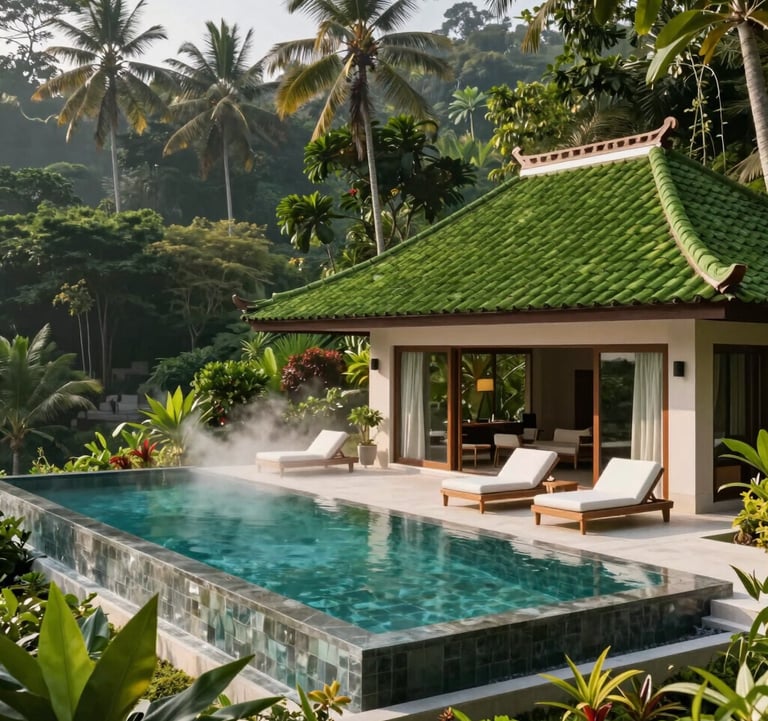 A high-end private villa with a private infinity pool overlooking a Southeast Asian / Indonesian jungle, modern Balinese aesthetic with deep forest green tiled roofs and soft mist white poolside loungers, soft morning light.