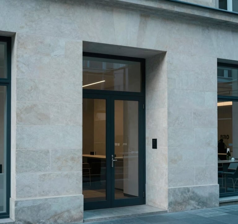 Professional architectural photography of a Luxembourgish boutique office lobby. Soft textures, stone walls in off-white, and a sense of quiet discretion and authority. The palette features slate blue and light gray-blue tones.