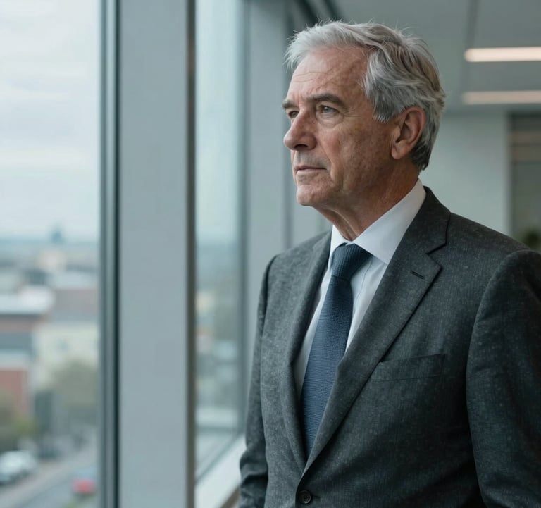 A professional portrait of a senior advisor in a charcoal suit, looking thoughtfully out a window in a high-rise Luxembourg office. Soft slate blue tones and a serious, authoritative expression.
