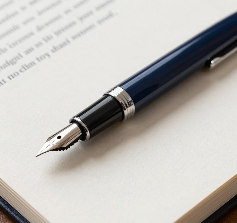 A sharp, close-up photograph of a premium fountain pen resting on a leather-bound financial report. Colors are primarily navy, off-white, and metallic silver. Minimalist and elite.