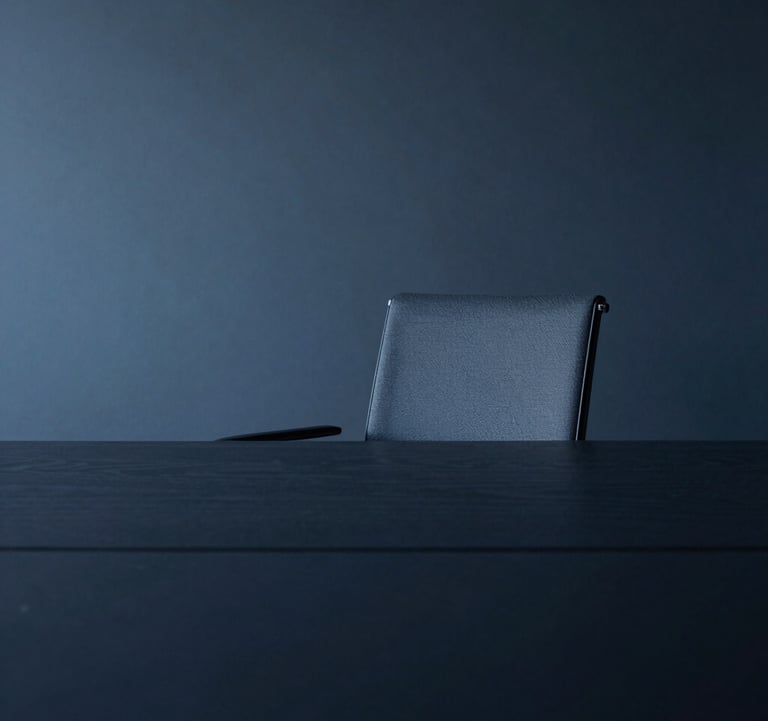 An abstract photography of a minimalist boardroom in Luxembourg with a single, elegant chair and a large dark table. The lighting is dramatic but soft, highlighting the textures of high-quality materials. Palette: dark navy and slate blue.