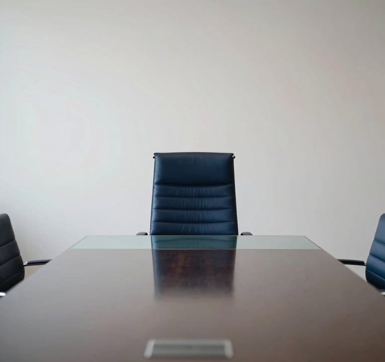 A wide shot of a minimalist, high-end meeting room in Luxembourg. A single navy leather chair sits at a glass desk. The composition is clean, centered, and reflects sophisticated professionalism.