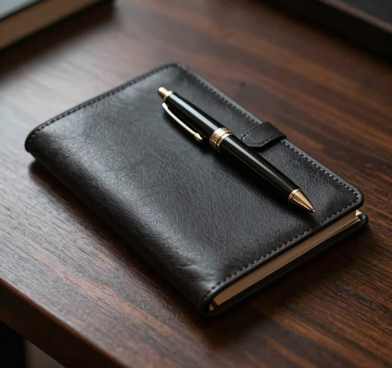 A high-angle shot of an elegant leather portfolio and an expensive pen resting on a dark wood table. The lighting is cinematic and focused, suggesting a discreet and premium professional environment.