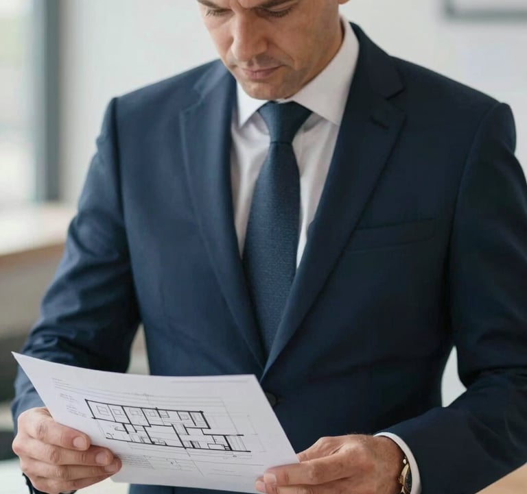Close-up photography of a Western European advisor in a tailored navy suit reviewing high-end architectural plans and financial documents. The lighting is soft and natural, emphasizing a premium, meticulous mood.