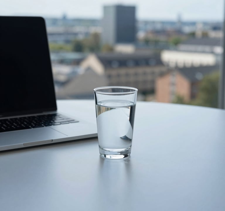 Photography of a sleek, minimalist desk setup featuring a thin laptop and a single glass of water on a pale blue surface. A blurred Luxembourg cityscape is in the background. Calm and premium.