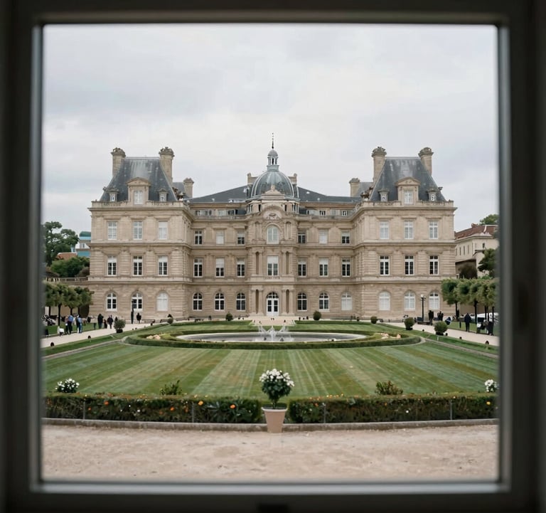 A serene view of a manicured Luxembourg park through a clean window of a high-end office. The colors are muted greens and light grays, reflecting a peaceful, trustworthy, and sophisticated environment.