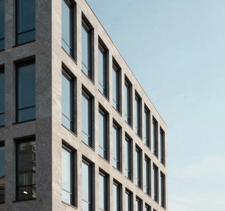 A minimalist architectural detail of a modern Luxembourg office building. Clean lines of limestone and glass reflecting a pale blue sky. Sophisticated, quiet, and premium aesthetic.