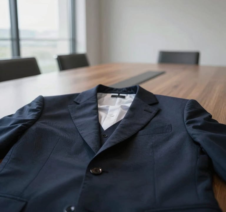 A close-up photograph of a pair of well-tailored business suits in a meeting within a minimalist, high-end boardroom in Luxembourg. The scene is lit by natural light from large windows, featuring a palette of dark navy and soft grey.