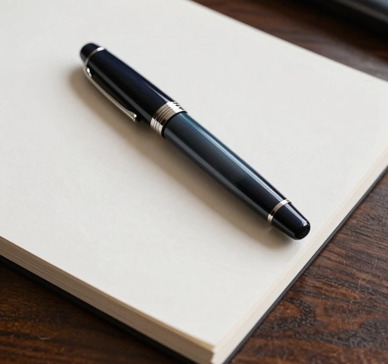 Close-up photography of a high-end fountain pen resting on a heavy-weight bond paper document on a dark wood desk. The setting is a quiet, premium office in Luxembourg. Colors used: dark navy, slate blue, and off white.