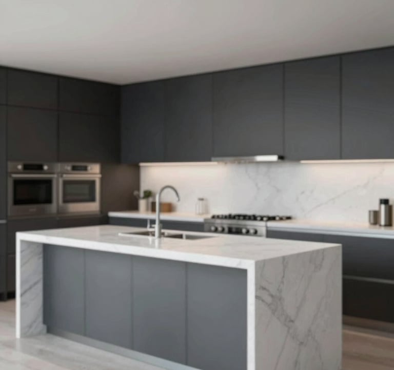 Wide shot of a luxury minimalist kitchen in a high-end Chicago residence. Features dark cabinetry in #1A202C, white marble islands, and high-end stainless steel appliances. Sophisticated and clean aesthetic.