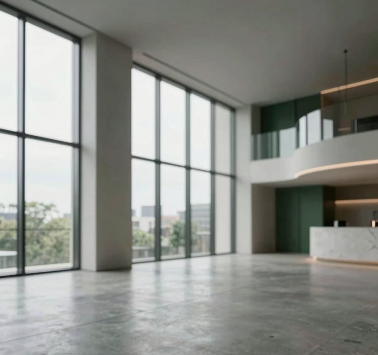 A minimalist, ultra-modern luxury condo interior in River North, featuring floor-to-ceiling windows, polished concrete floors, and accents of #3B5249 green. High-end lighting fixtures highlight the clean, architectural lines.
