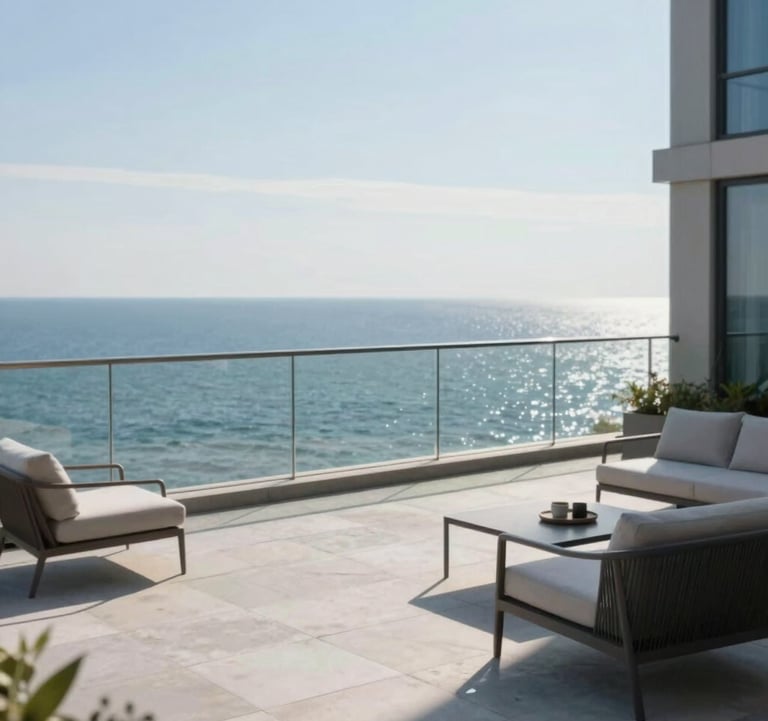 A high-rise terrace view overlooking Lake Michigan, with a sleek glass railing. The scene features minimalist #EFEFEF stone flooring and sophisticated outdoor furniture, capturing the essence of elite Chicago living.