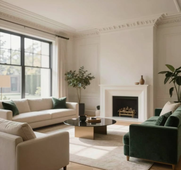 Interior shot of a grand, sun-drenched living room in a Chicago mansion. High ceilings, intricate crown molding, and a minimalist fireplace. The furniture is a mix of #3B5249 green velvet and cream #EFEFEF fabrics. Sophisticated and airy atmosphere.
