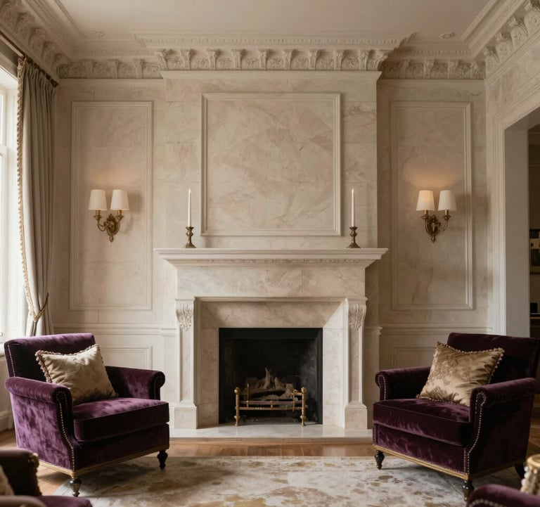 The interior of a classic Chicago limestone mansion, featuring a grand fireplace and ornate crown molding. The room is styled with #1A202C velvet furniture and #A1A690 silk curtains, illuminated by warm, sophisticated lighting.
