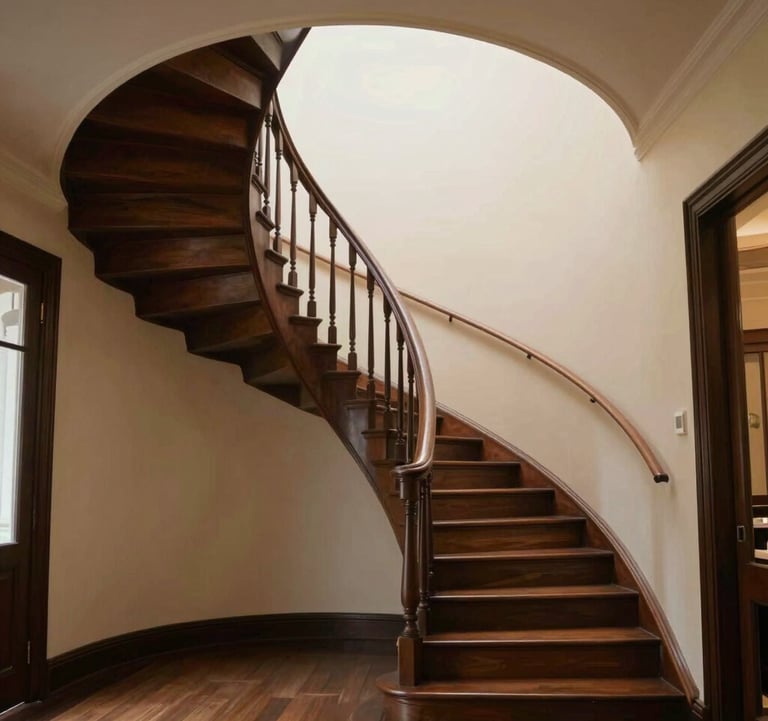 A grand, spiral staircase in a historic Gold Coast mansion. The dark wood contrasts with creamy #EFEFEF walls. Elegant, classic, and luxurious composition.