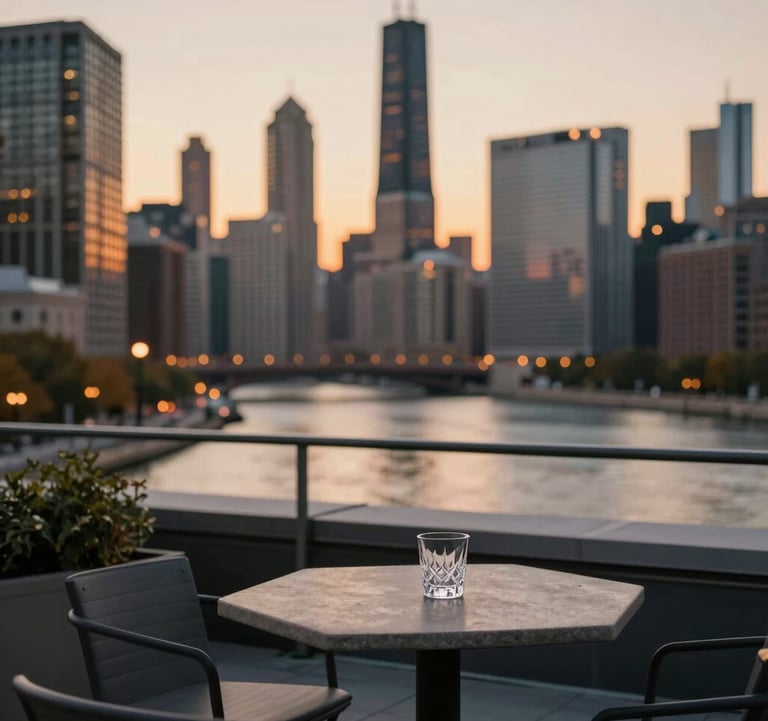 A private rooftop terrace overlooking the Chicago river at sunset. Modern outdoor seating, a small stone table with a crystal glass, and the silhouettes of skyscrapers in the background. The color palette emphasizes #3B5249 and warm amber sunset tones.
