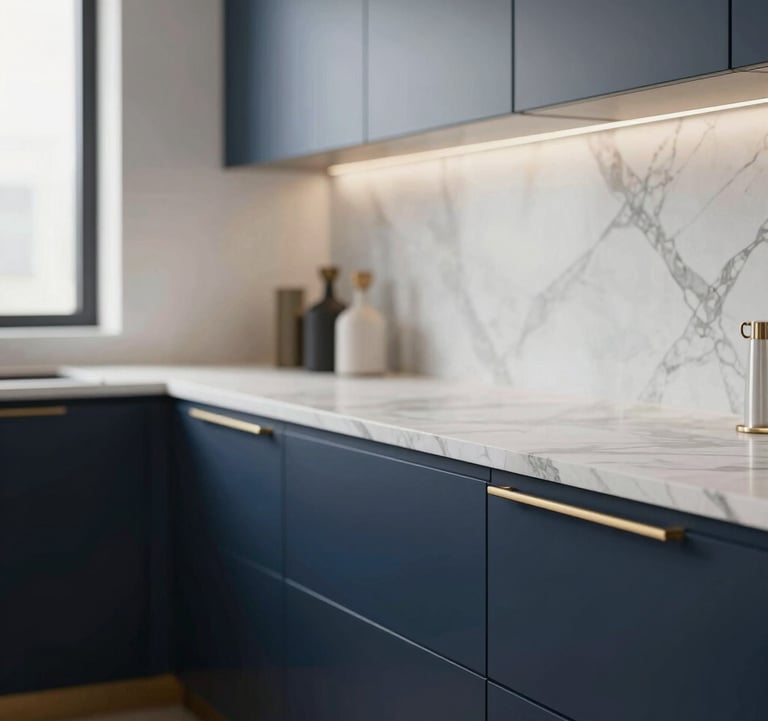 A close-up shot of a luxury modern kitchen detail in a Chicago high-rise. Sleek navy #1A202C cabinetry with gold hardware and a polished Calacatta marble countertop. Soft, diffused morning light coming from the side. Elegant and minimalist.