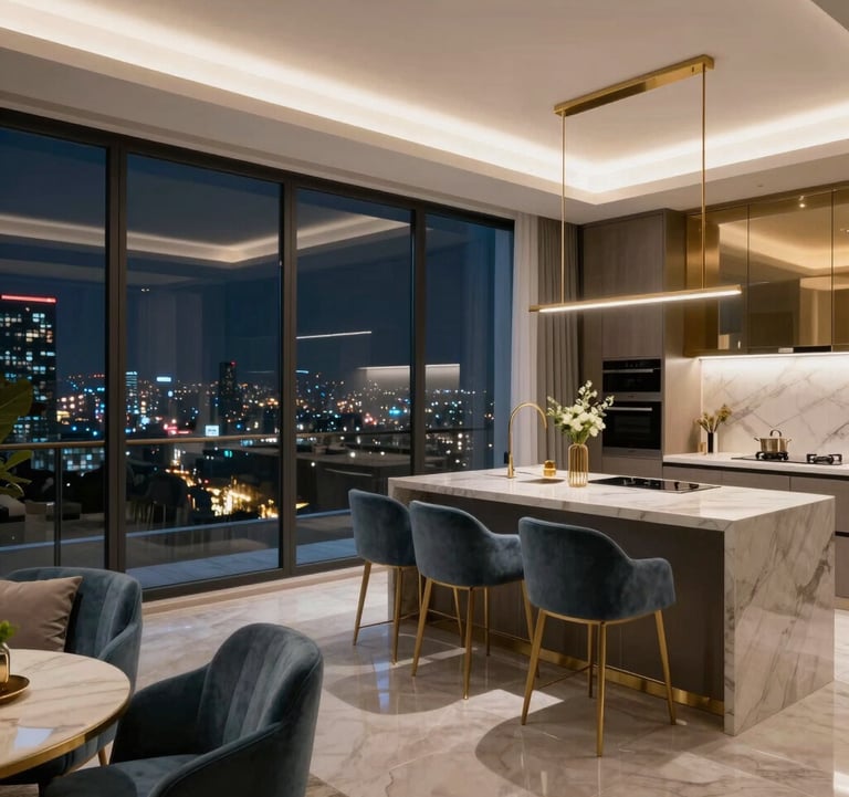 Photography of a high-tech smart home interior in a Gurgaon penthouse. Large floor-to-ceiling windows show the twinkling city lights. The interior features gold fixtures, muted blue upholstery, and a sleek modern kitchen. The style is clean, contemporary, and incredibly wealthy.