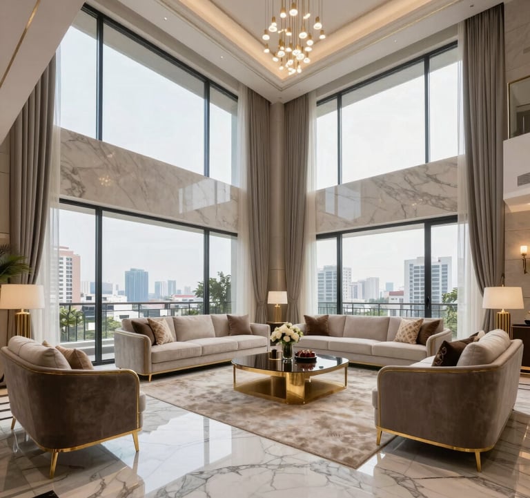 A lavish interior shot of a sample penthouse living room in Gurgaon, showing double-height ceilings, Italian marble flooring in light gray, and a stunning view of the cityscape through massive glass walls. Gold accents are woven throughout the furniture.