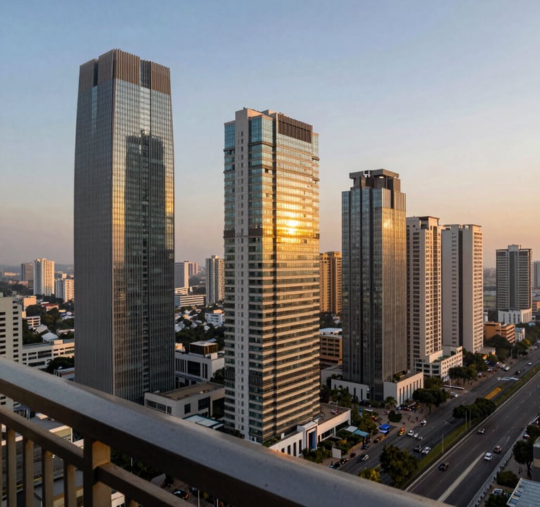 Golden hour photography of a high-rise skyline view from a balcony in Dwarka Expressway, Gurgaon. The image highlights the rapid development and modern infrastructure of the region with golden light hitting the glass towers. South Asian cityscape details.