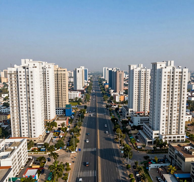 High-altitude drone shot of the Dwarka Expressway area in Gurgaon, showcasing modern infrastructure, wide boulevards, and sprawling new-launch residential towers under a clear blue sky, emphasizing development and growth in 2025.