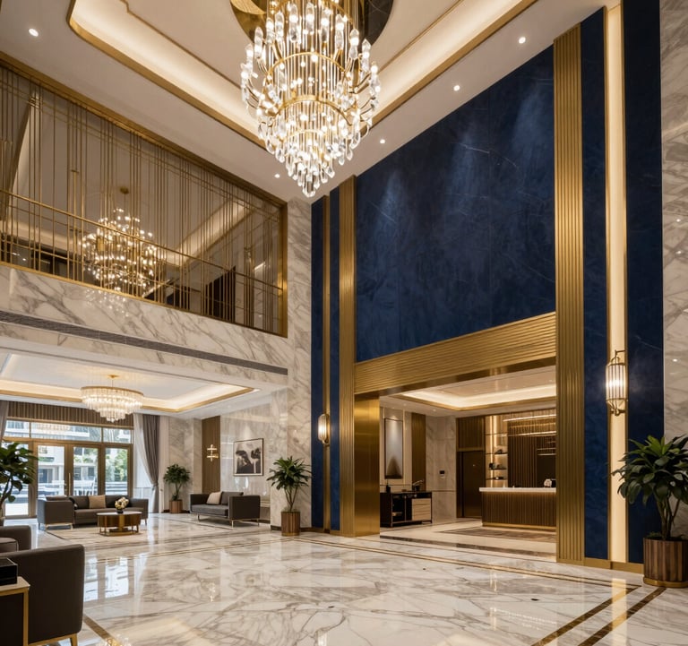 Close-up of a luxurious modern lobby in a Gurgaon premium property, featuring gold-accented marble floors, high ceilings, and a large crystal chandelier. The style is contemporary South Asian luxury with a sophisticated navy and gold color palette.