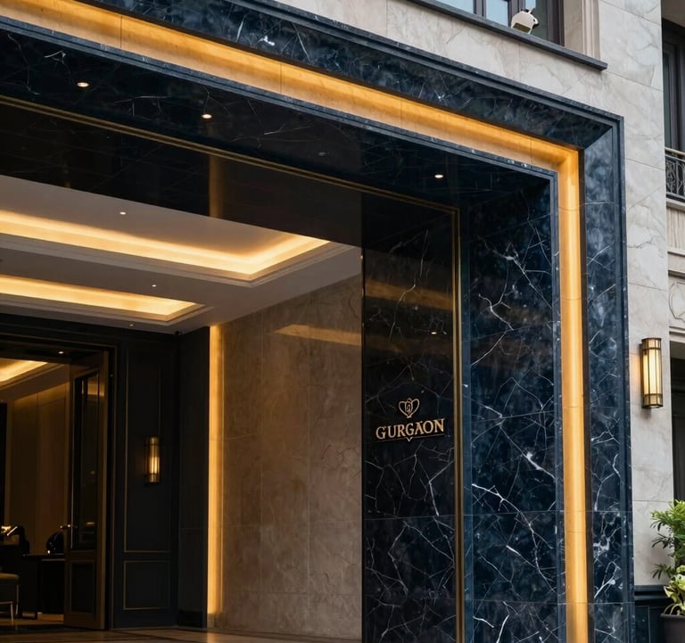 Close-up architectural shot of a luxury clubhouse entrance in a premium Gurgaon sector, featuring marble walls, warm recessed lighting, and a sophisticated navy and gold aesthetic.