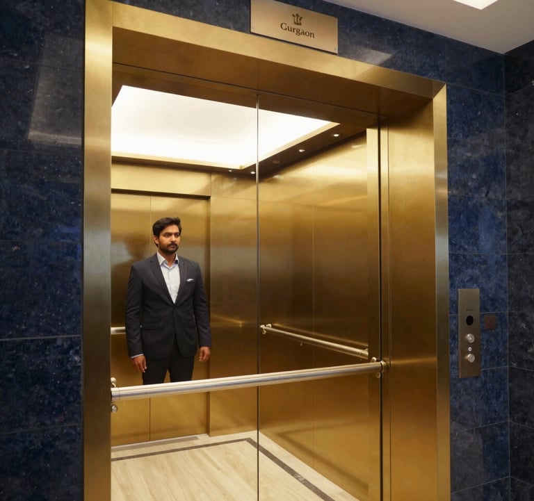 Close-up photography of a gold-plated elevator lobby in a luxury Gurgaon commercial building. The interior style is professional, modern luxury, featuring deep navy stone walls and bright warm lighting. A South Asian professional in business attire is visible in the reflection.