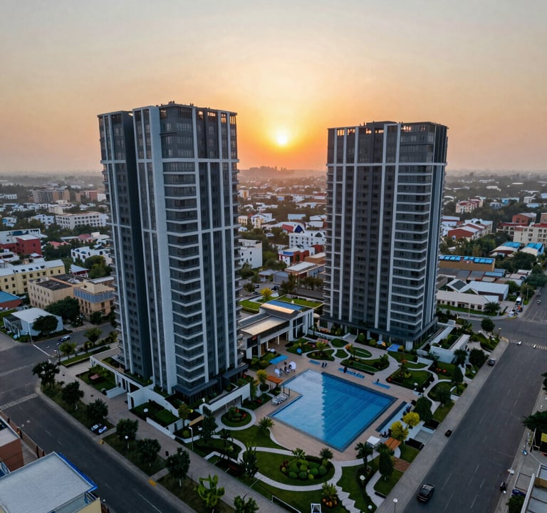 An aerial sunset view of a new residential launch in Gurugram, showing sleek modern towers, beautifully landscaped gardens, and a grand swimming pool deck in a luxury South Asian / Indian setting.