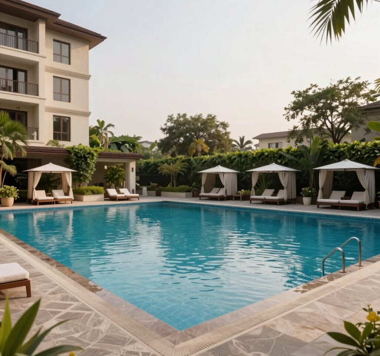 An expansive outdoor swimming pool of a luxury apartment complex in New Gurgaon, featuring an infinity edge and private cabanas. The scene is shot in soft daylight with a focus on the premium architecture and lush South Asian greenery surrounding the deck.