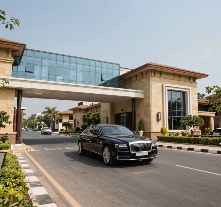 Action shot of a luxury car arriving at a gated high-security community in Gurgaon. The architecture is a blend of modern glass and traditional sandstone accents. The lighting is bright and clear, emphasizing the clean, wide roads and professional landscaping.