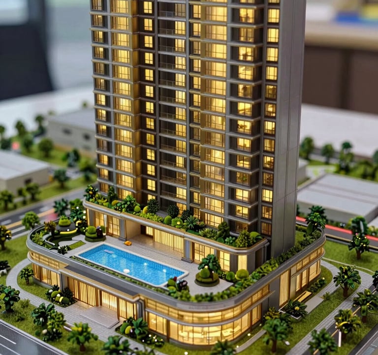 A close-up photograph of a scale architectural model of a futuristic luxury residential tower, featuring gold-tinted windows and lush rooftop gardens. Soft lighting highlights the intricate details of the podium and swimming pool area.