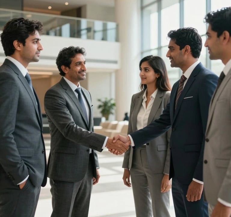 A group of professional South Asian business colleagues shaking hands in a bright, modern lobby of a high-end corporate building. The scene conveys successful partnership, exclusivity, and professional celebration.