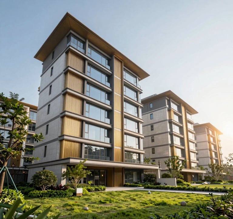 Low-angle architectural shot of a sprawling residential estate in New Gurgaon. The image features modern lines, large glass windows, and gold-tinted privacy screens. Lush green landscaping typical of premium Haryana developments surrounds the base of the structure under a bright afternoon sun.