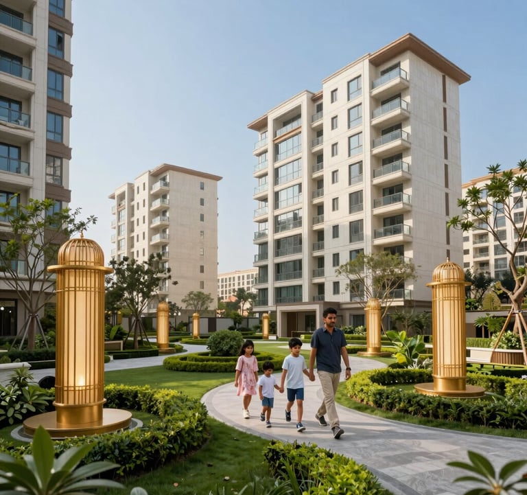 Daytime photography of a luxury apartment complex on Golf Course Extension Road, Gurgaon. The image shows a South Asian family walking through a manicured garden with golden decorative structures. High-end modern design, bright natural lighting, and a clear blue sky.